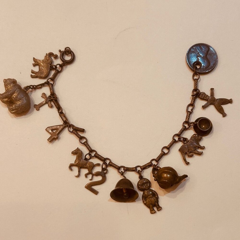 Vintage VERY OLD Bronze Color 1921 Penny Charm Bracelet
